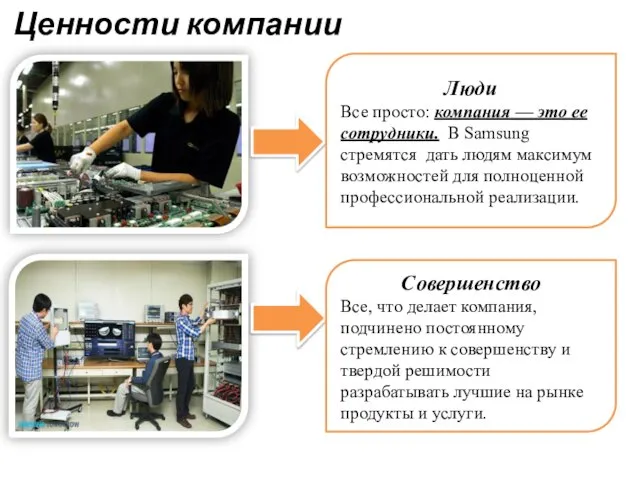 Ценности компании Люди Все просто: компания — это ее сотрудники. В Samsung