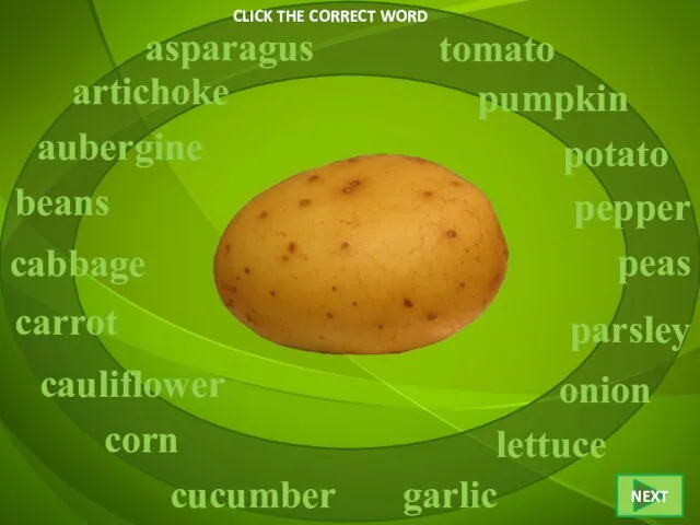 CLICK THE CORRECT WORD potato asparagus artichoke aubergine beans cabbage corn carrot