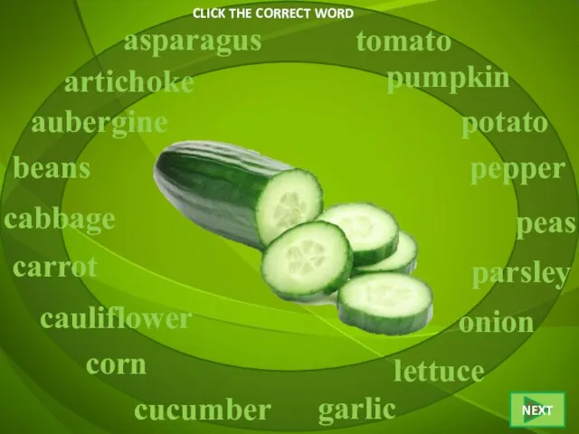 CLICK THE CORRECT WORD cucumber asparagus artichoke aubergine beans cabbage corn carrot