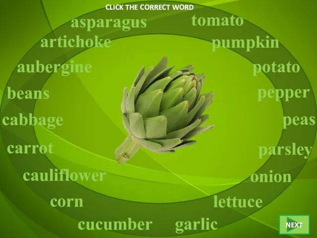 CLICK THE CORRECT WORD artichoke asparagus aubergine beans cabbage carrot cucumber cauliflower