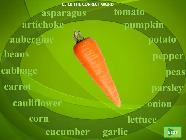 CLICK THE CORRECT WORD carrot asparagus artichoke aubergine beans cabbage cucumber cauliflower