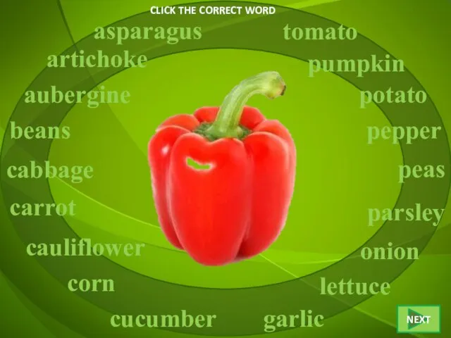 CLICK THE CORRECT WORD pepper asparagus artichoke aubergine beans cabbage corn carrot