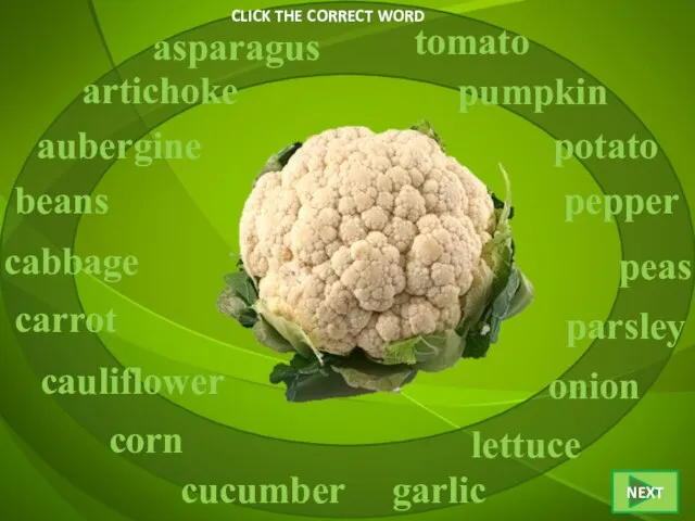 CLICK THE CORRECT WORD cauliflower asparagus artichoke aubergine beans cabbage cucumber carrot