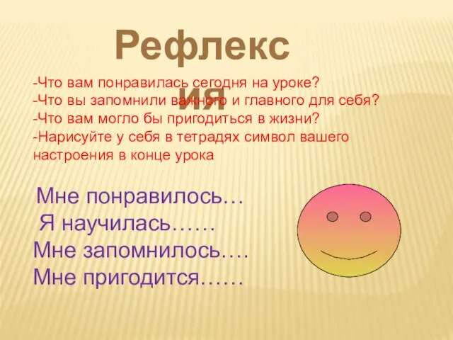 Рефлексия -Что вам понравилась сегодня на уроке? -Что вы запомнили важного и