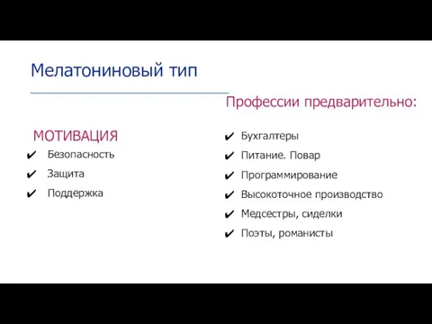 МОТИВАЦИЯ Безопасность Защита Поддержка Мелатониновый тип Профессии предварительно: Бухгалтеры Питание. Повар Программирование