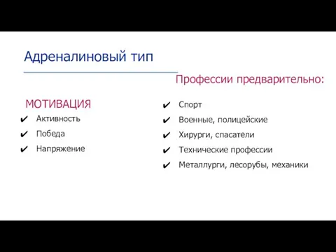 МОТИВАЦИЯ Активность Победа Напряжение Адреналиновый тип Профессии предварительно: Спорт Военные, полицейские Хирурги,