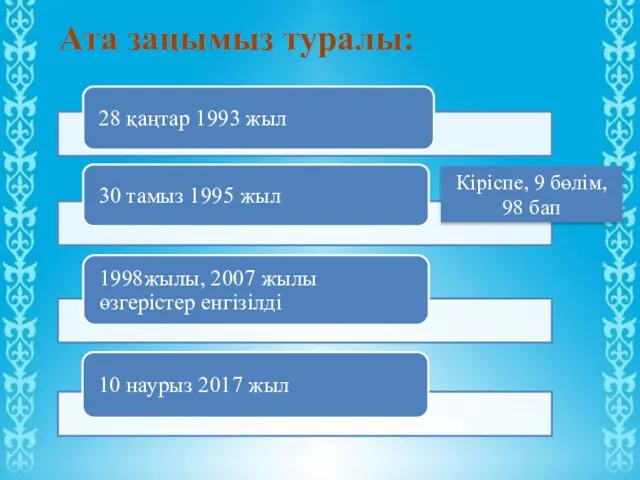 Ата заңымыз туралы: Кіріспе, 9 бөлім, 98 бап