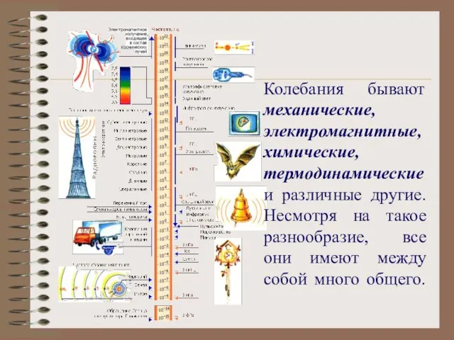 Колебания бывают механические, электромагнитные, химические, термодинамические и различные другие. Несмотря на такое