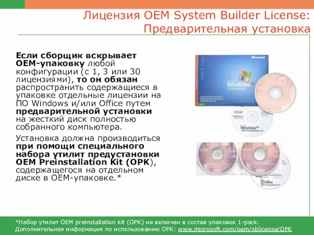 Лицензия OEM System Builder License: Предварительная установка *Набор утилит OEM preinstallation kit