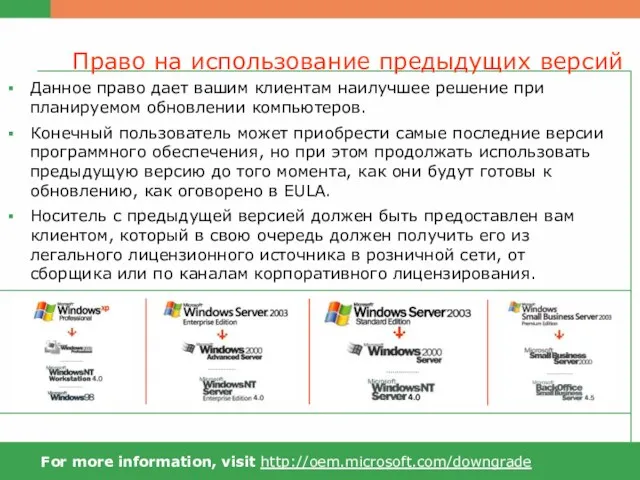 For more information, visit http://oem.microsoft.com/downgrade Право на использование предыдущих версий Данное право