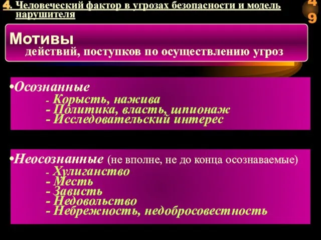 Мотивы действий, поступков по осуществлению угроз Осознанные - Корысть, нажива - Политика,