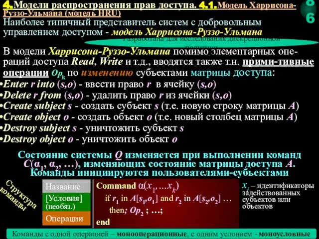 Наиболее типичный представитель систем с добровольным управлением доступом - модель Харрисона-Руззо-Ульмана Разработана