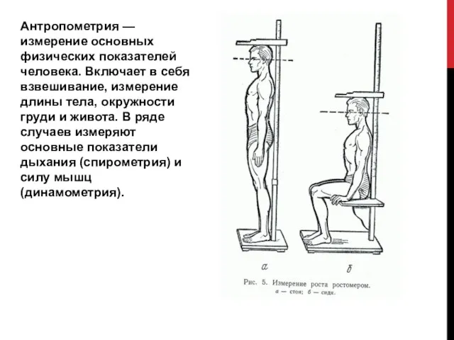 Антропометрия — измерение основных физических показателей человека. Включает в себя взвешивание, измерение