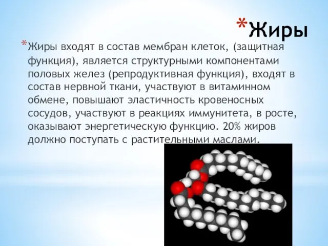 Жиры Жиры входят в состав мембран клеток, (защитная функция), является структурными компонентами