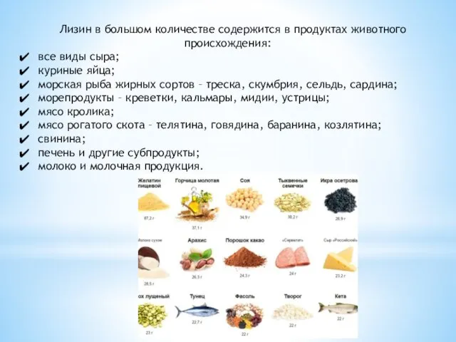 Лизин в большом количестве содержится в продуктах животного происхождения: все виды сыра;