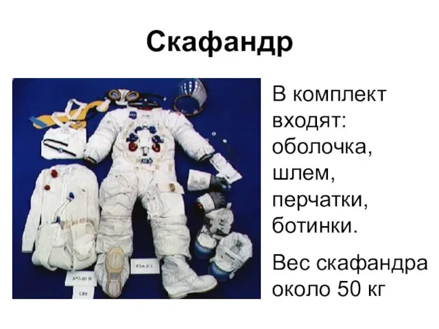 Скафандр В комплект входят: оболочка, шлем, перчатки, ботинки. Вес скафандра около 50 кг