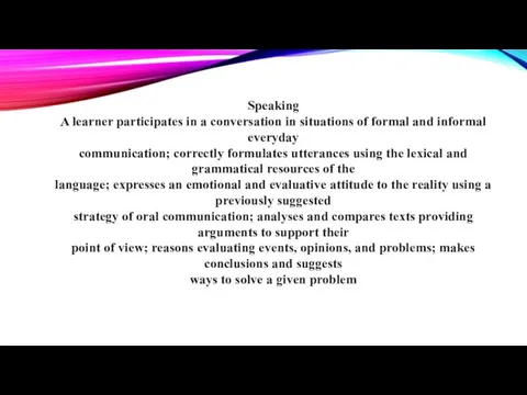 Speaking A learner participates in a conversation in situations of formal and