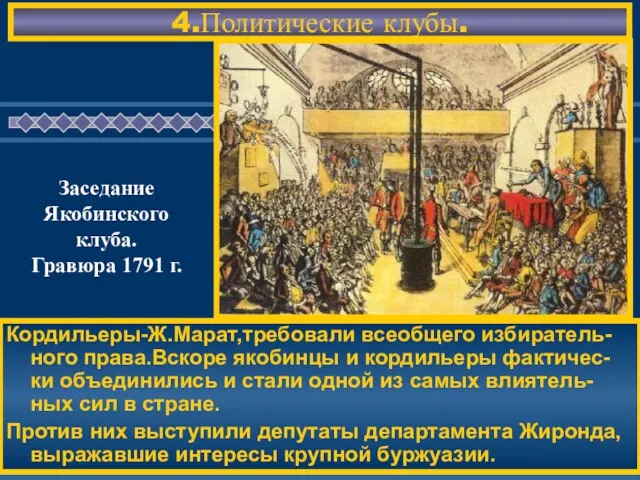 4.Политические клубы. Кордильеры-Ж.Марат,требовали всеобщего избиратель-ного права.Вскоре якобинцы и кордильеры фактичес-ки объединились и