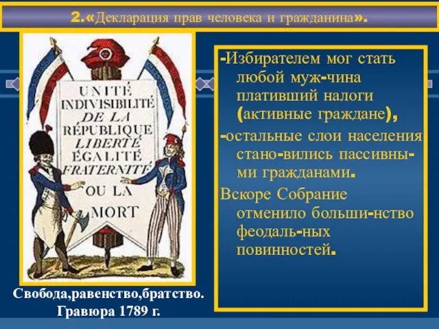 -Избирателем мог стать любой муж-чина плативший налоги(активные граждане), -остальные слои населения стано-вились