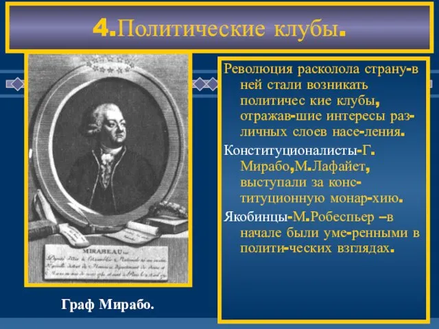 4.Политические клубы. Революция расколола страну-в ней стали возникать политичес кие клубы,отражав-шие интересы