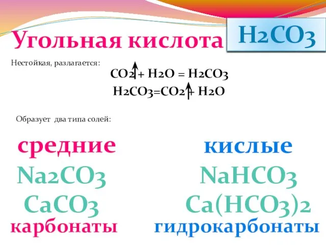 Угольная кислота Н2СО3 Нестойкая, разлагается: СО2 + Н2О = Н2СО3 Н2СО3=СО2 +