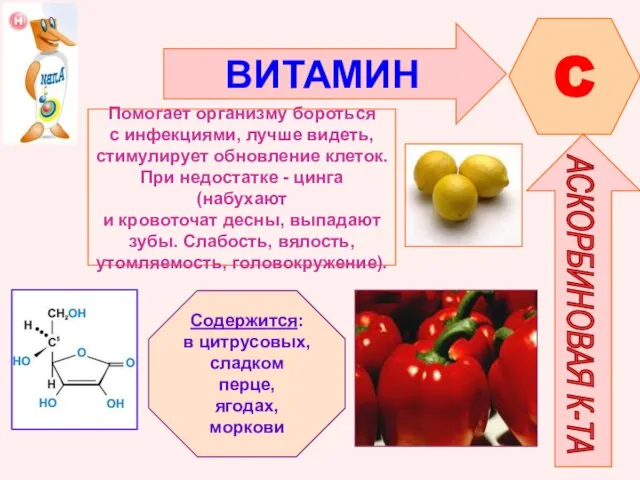 ВИТАМИН C АСКОРБИНОВАЯ К-ТА Помогает организму бороться с инфекциями, лучше видеть, стимулирует