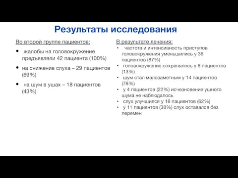 Результаты исследования В результате лечения: частота и интенсивность приступов головокружения уменьшились у