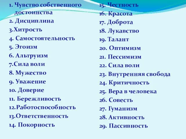 1. Чувство собственного достоинства 2. Дисциплина 3.Хитрость 4. Самостоятельность 5. Эгоизм 6.