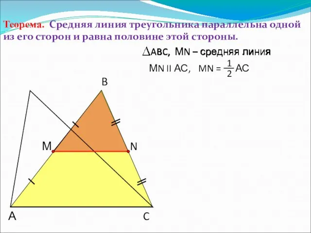 Теорема. Средняя линия треугольника параллельна одной из его сторон и равна половине