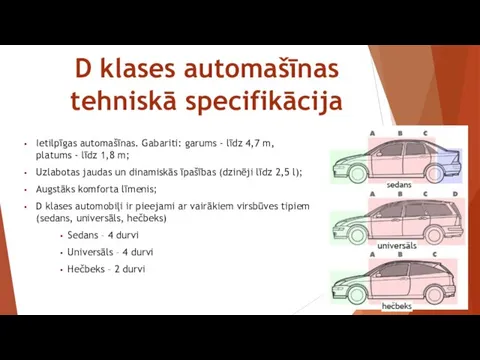 D klases automašīnas tehniskā specifikācija Ietilpīgas automašīnas. Gabariti: garums - līdz 4,7