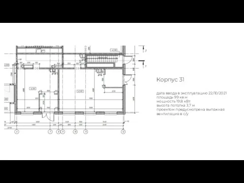 Корпус 31 дата ввода в эксплуатацию 22/10/2021 площадь 99 кв.м мощность 19,8