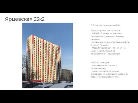 Ярцевская 33к2 Общее число жителей 884 Транспортная доступность - МКАД - 7