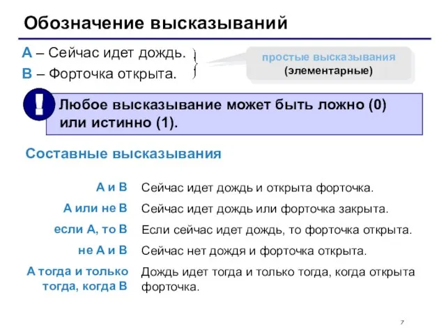 Обозначение высказываний A – Сейчас идет дождь. B – Форточка открыта. простые