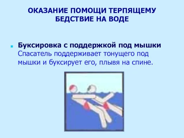 ОКАЗАНИЕ ПОМОЩИ ТЕРПЯЩЕМУ БЕДСТВИЕ НА ВОДЕ Буксировка с поддержкой под мышки Спасатель