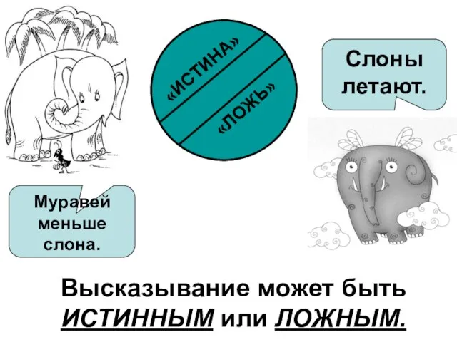 Высказывание может быть ИСТИННЫМ или ЛОЖНЫМ. Муравей меньше слона. Слоны летают.