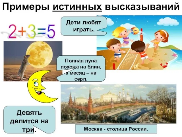 Примеры истинных высказываний 2+3=5 Москва - столица России. Полная луна похожа на