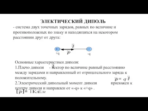 ЭЛЕКТИЧЕСКИЙ ДИПОЛЬ - система двух точечных зарядов, равных по величине и противоположных