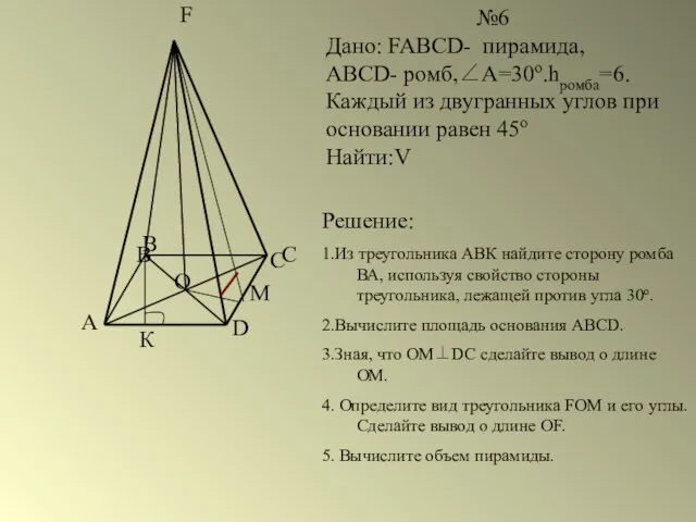 A B C D F O №6 Дано: FABCD- пирамида, ABCD- ромб,∠А=30о.hромба=6.