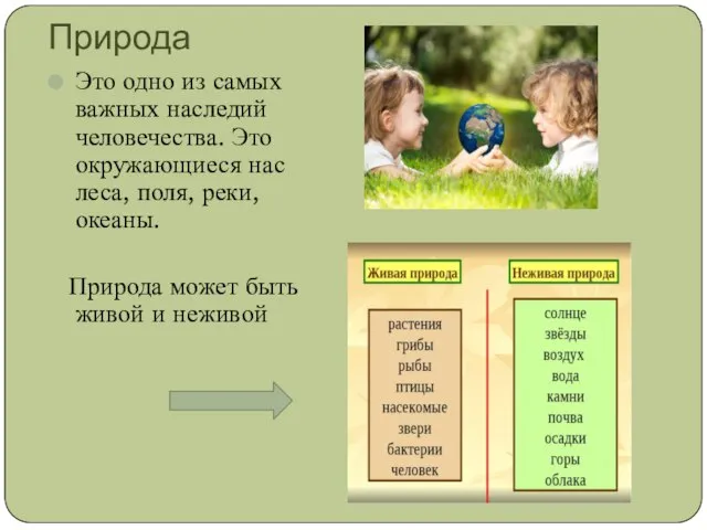 Природа Это одно из самых важных наследий человечества. Это окружающиеся нас леса,