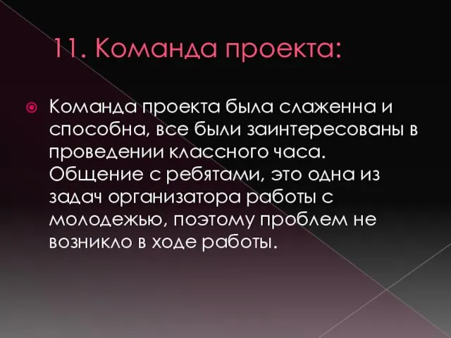 11. Команда проекта: Команда проекта была слаженна и способна, все были заинтересованы