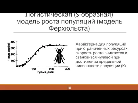 Логистическая (S-образная) модель роста популяций (модель Ферхюльста) Характерна для популяций при ограниченных