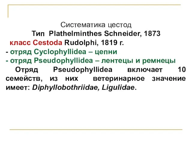 Систематика цестод Тип Plathelminthes Schneider, 1873 класс Cestoda Rudolphi, 1819 г. -