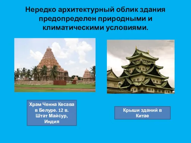 Нередко архитектурный облик здания предопределен природными и климатическими условиями. Крыши зданий в