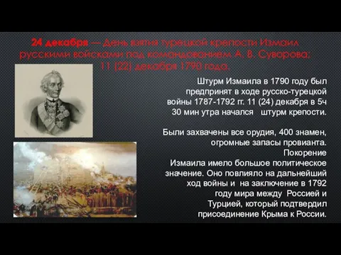 24 декабря — День взятия турецкой крепости Измаил русскими войсками под командованием