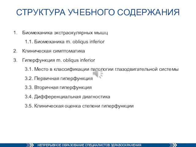 СТРУКТУРА УЧЕБНОГО СОДЕРЖАНИЯ Биомеханика экстраокулярных мышц 1.1. Биомеханика m. obliqus inferior Клиническая