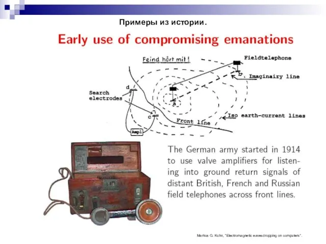 Примеры из истории. Markus G. Kuhn, “Electromagnetic eavesdropping on computers”.