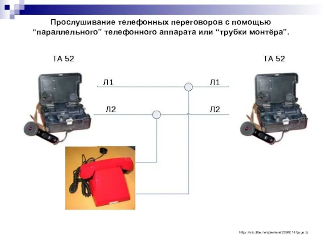 Прослушивание телефонных переговоров с помощью “параллельного” телефонного аппарата или “трубки монтёра”. https://studfile.net/preview/2384014/page:2/