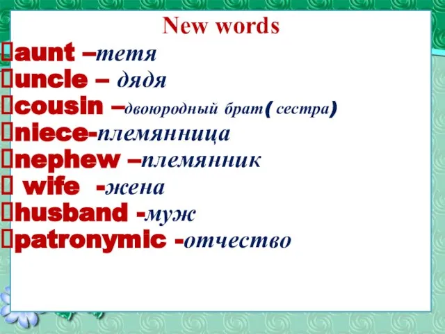 New words aunt –тетя uncle – дядя cousin –двоюродный брат( сестра) niece-племянница