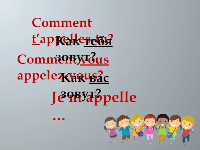 Comment t’appelles-tu? Comment vous appelez-vous? Je m’appelle … Как тебя зовут? Как вас зовут?