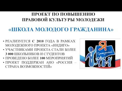 ПРОЕКТ ПО ПОВЫШЕНИЮ ПРАВОВОЙ КУЛЬТУРЫ МОЛОДЕЖИ «ШКОЛА МОЛОДОГО ГРАЖДАНИНА» РЕАЛИЗУЕТСЯ С 2010